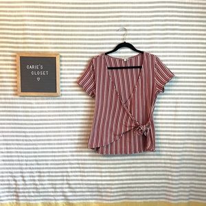 Lucky Brand Red Striped Wrap Short Sleeve Top